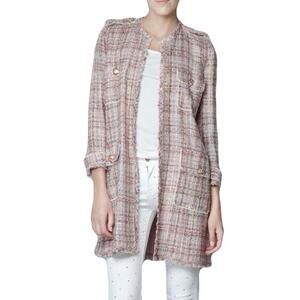 nwot ZARA Coat Jacket S Tweed Plaid Pink Brown Gold-Btn RawEdge Open Wool-Cotton